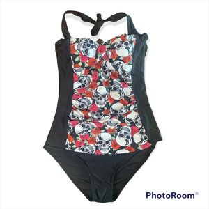 Black Skull and Roses Swimsuit Size Large